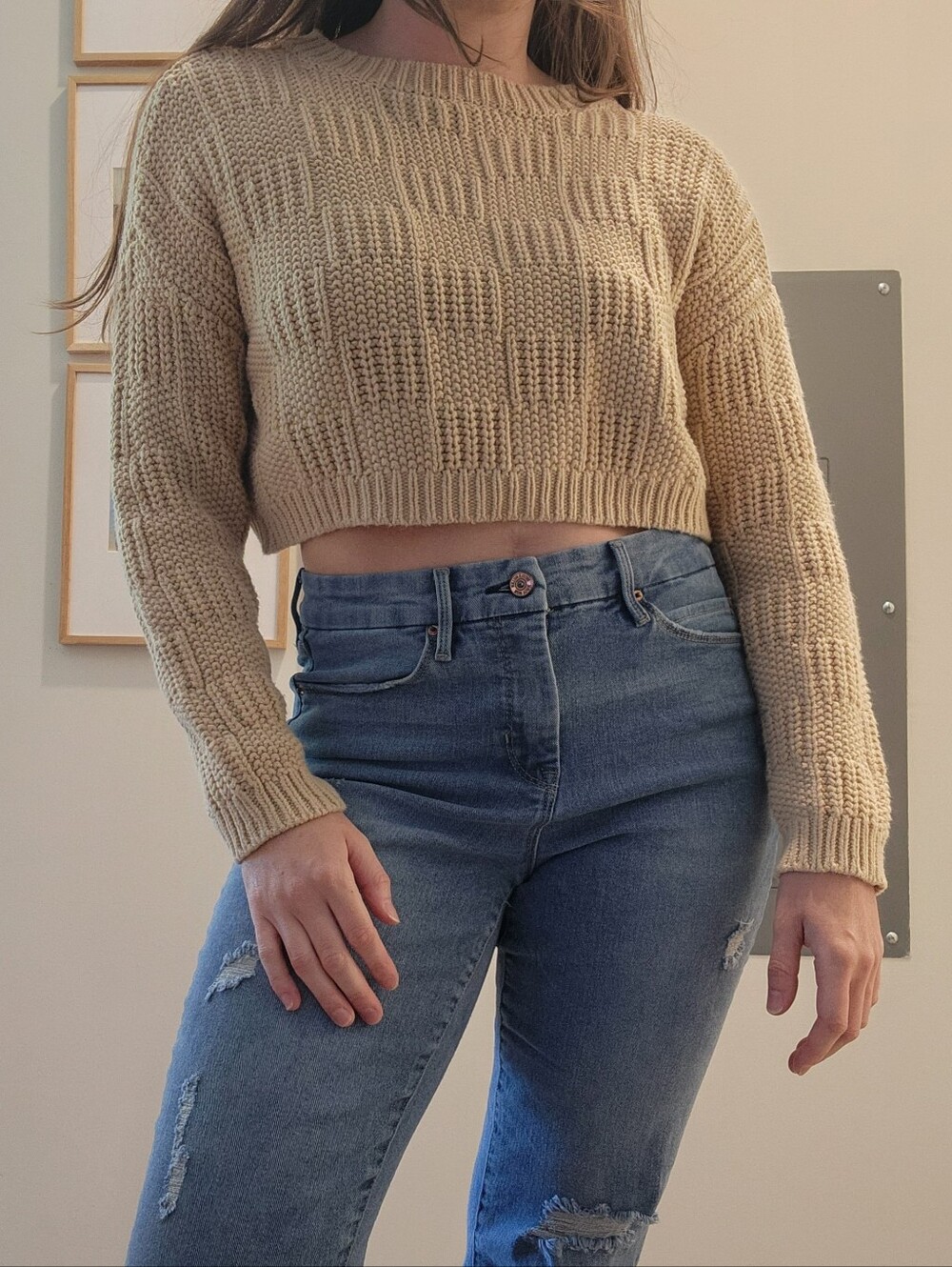 Cream Cropped Knit Sweater - Classic Crewneck - Checkered Knit Detail - Picture 1 of 7